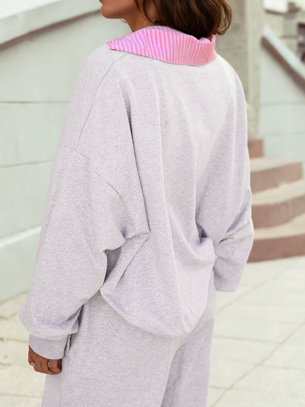 Frilled Collar Drop Shoulder Pullover Drawstring Pant Set: Light Grey / XL