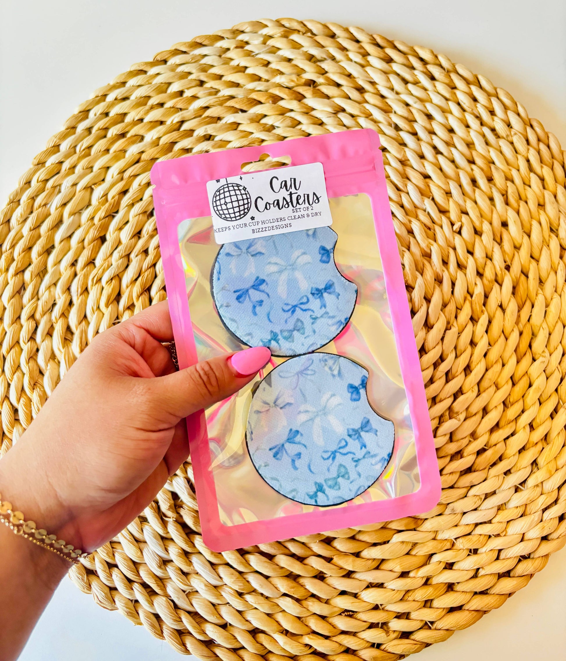 Blue Bow Coquette Car Coasters | Bow Car Coasters Set of 5