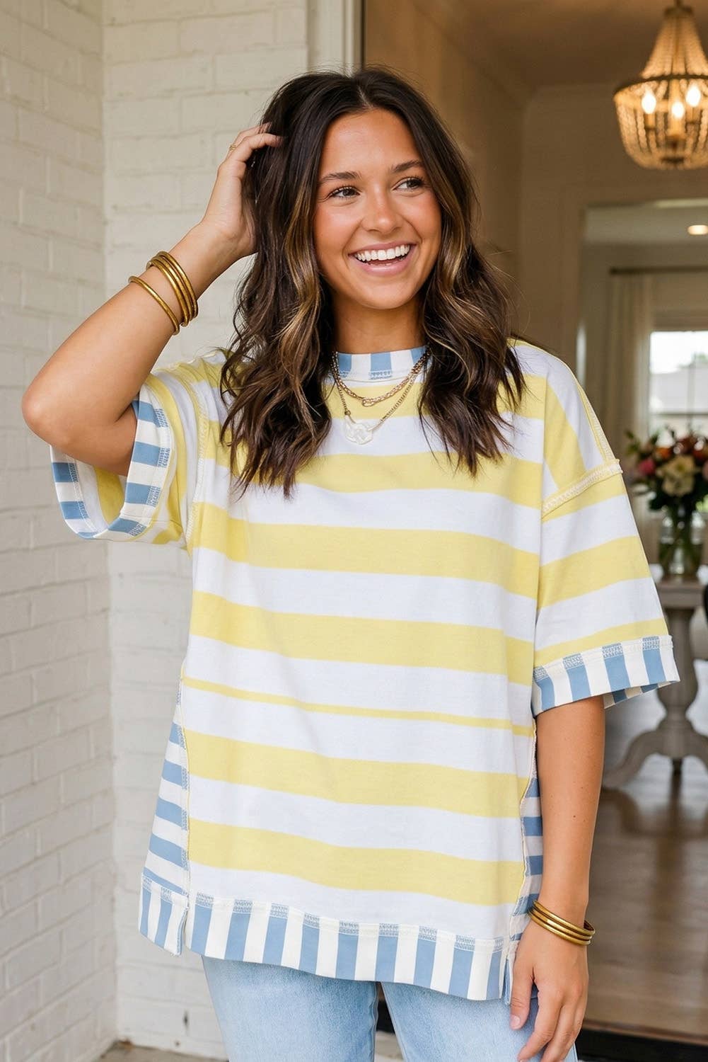 LAS Stripe Exposed Seam Patchwork Top