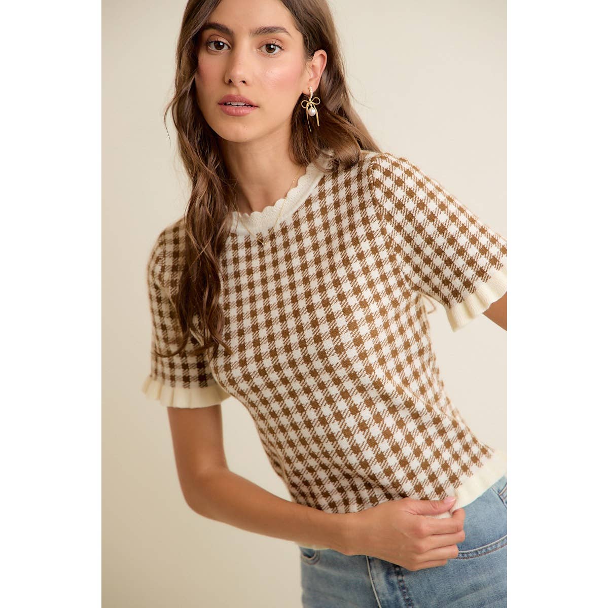 GINGHAM KNIT RUFFLED SHORT SLEEVES SWEATER TOP