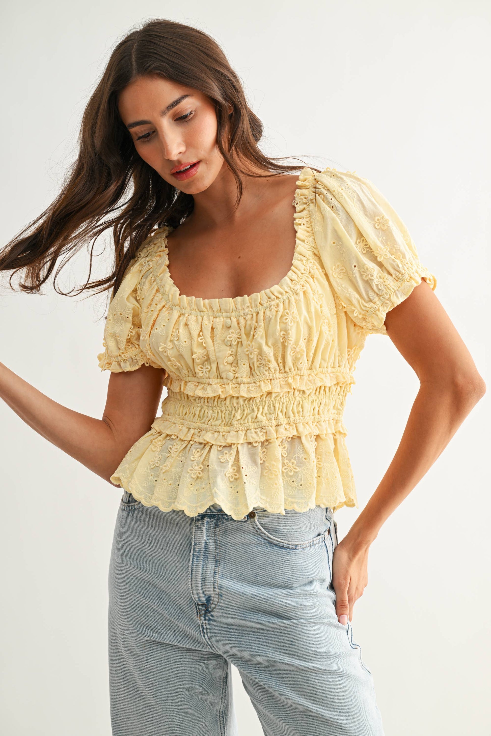 Embroidered Peplum Blouse LT Blue