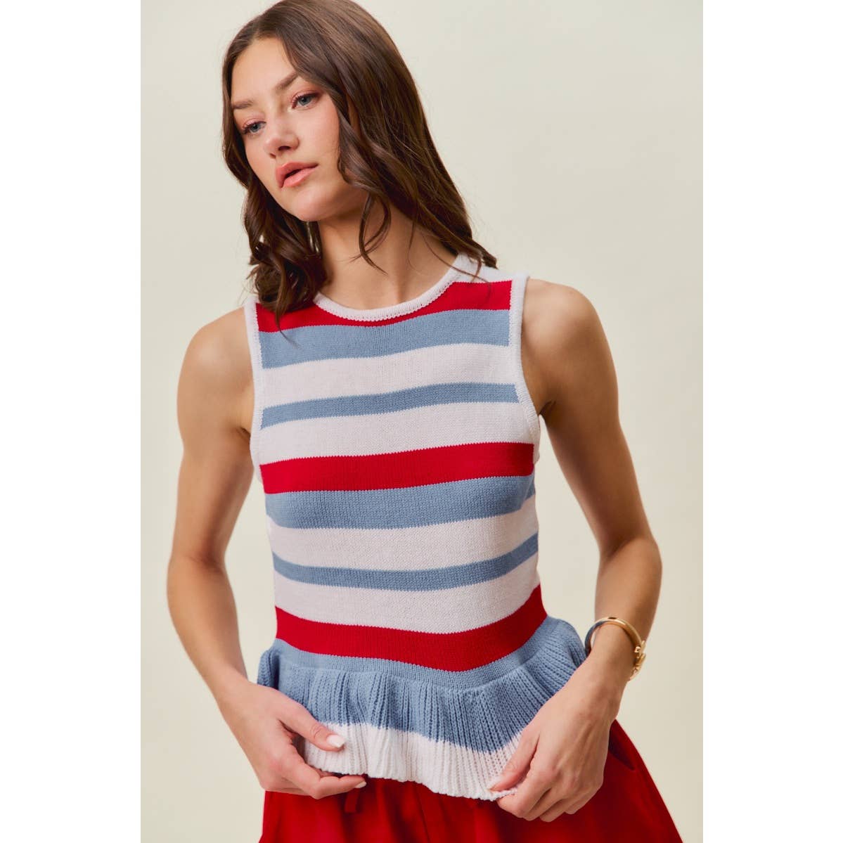 4TH OF JULY STRIPE RUFFLE BOTTOM SWEATER KNIT TOP