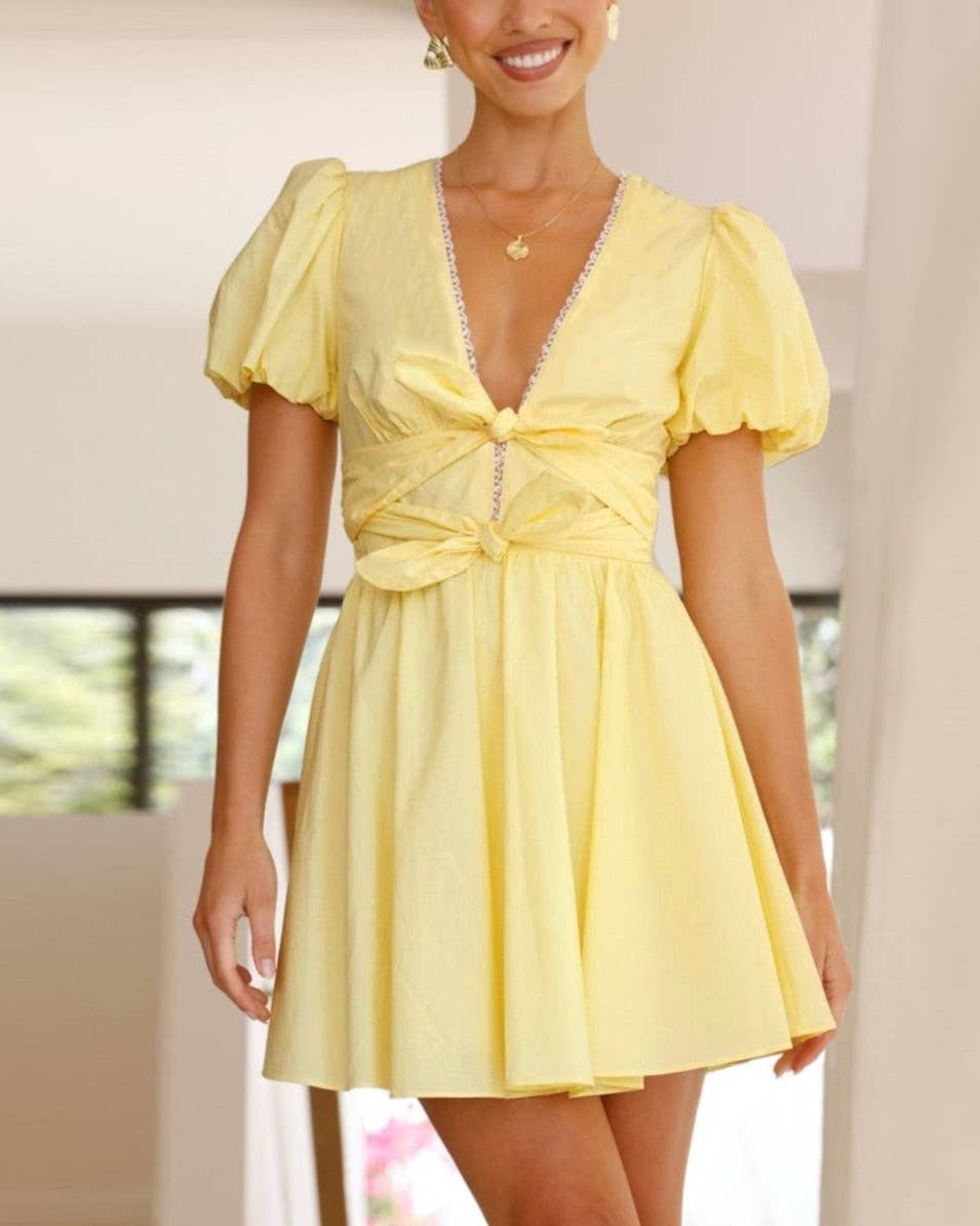 V-NECK BOW-KNOT DETAIL MINI DRESS