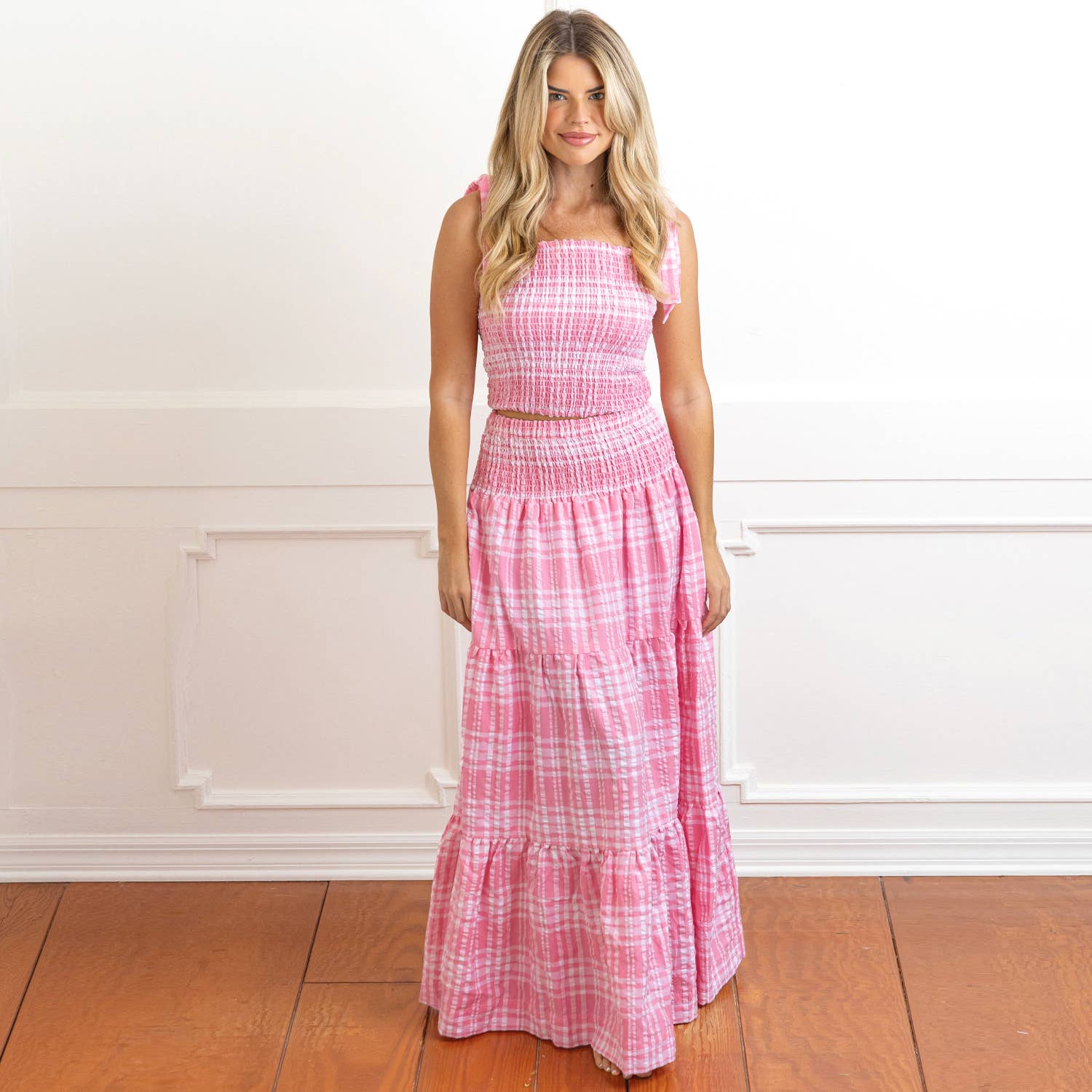 PUCKER PINK SMOCKED TIE TOP SKIRT SET