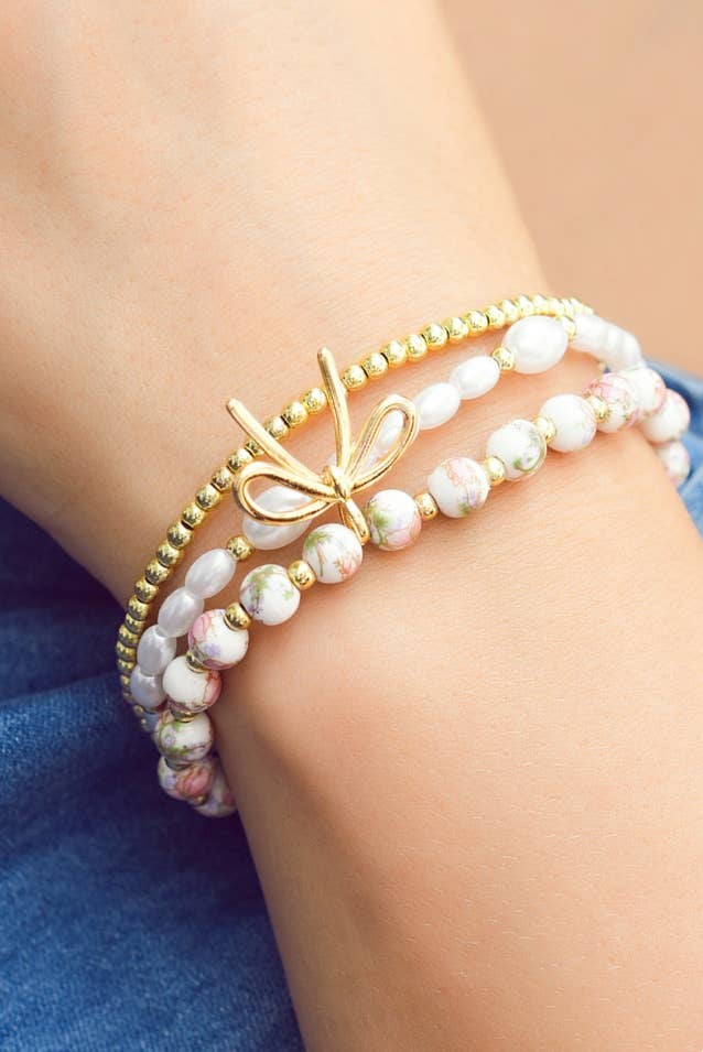 Bow Knot Charm Beaded Triple Layer Bracelet Set: Gold