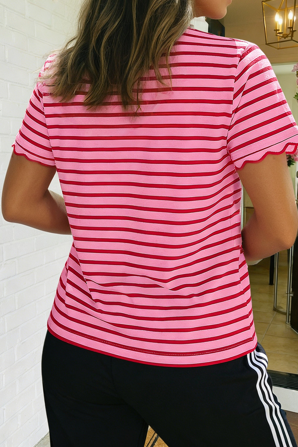 LAS Stripe Scalloped Trim Round Neck T Shirt (S-4X)