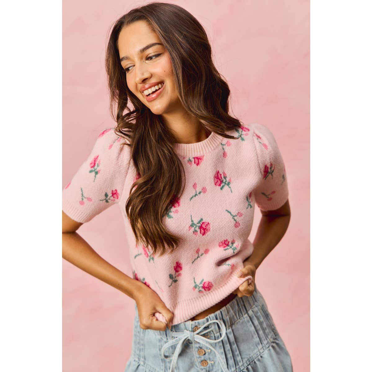 FLORAL PATTERN KNIT PUFF SLEEVES SWEATER TOP