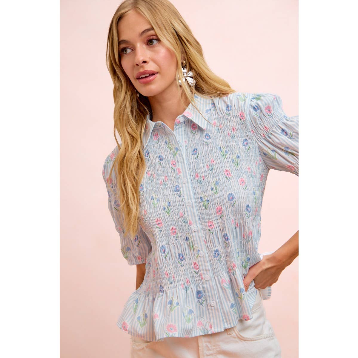 STRIPES AND FLORAL SHORT SLEEVE SHIRRED BLOUSE TOP
