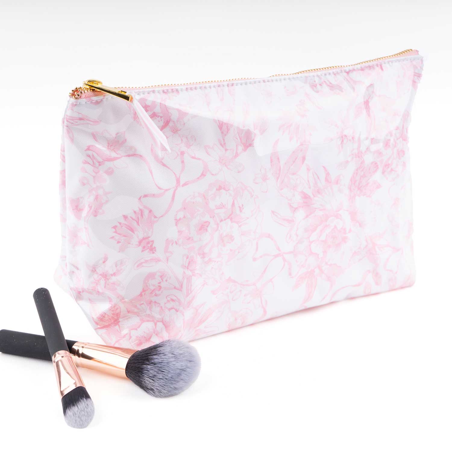 PINK BOW TOILE CLEAR COATED TRAVEL COSMETIC BAG CASE