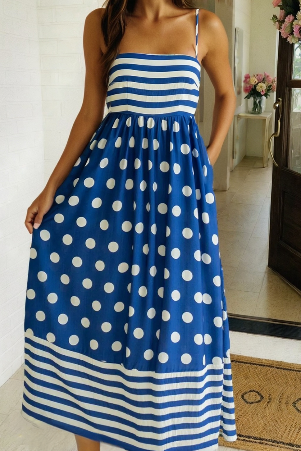 *LAS Striped Polka Dot Spaghetti Straps Maxi Dress