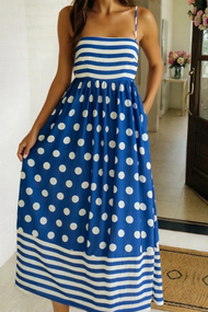 *LAS Striped Polka Dot Spaghetti Straps Maxi Dress