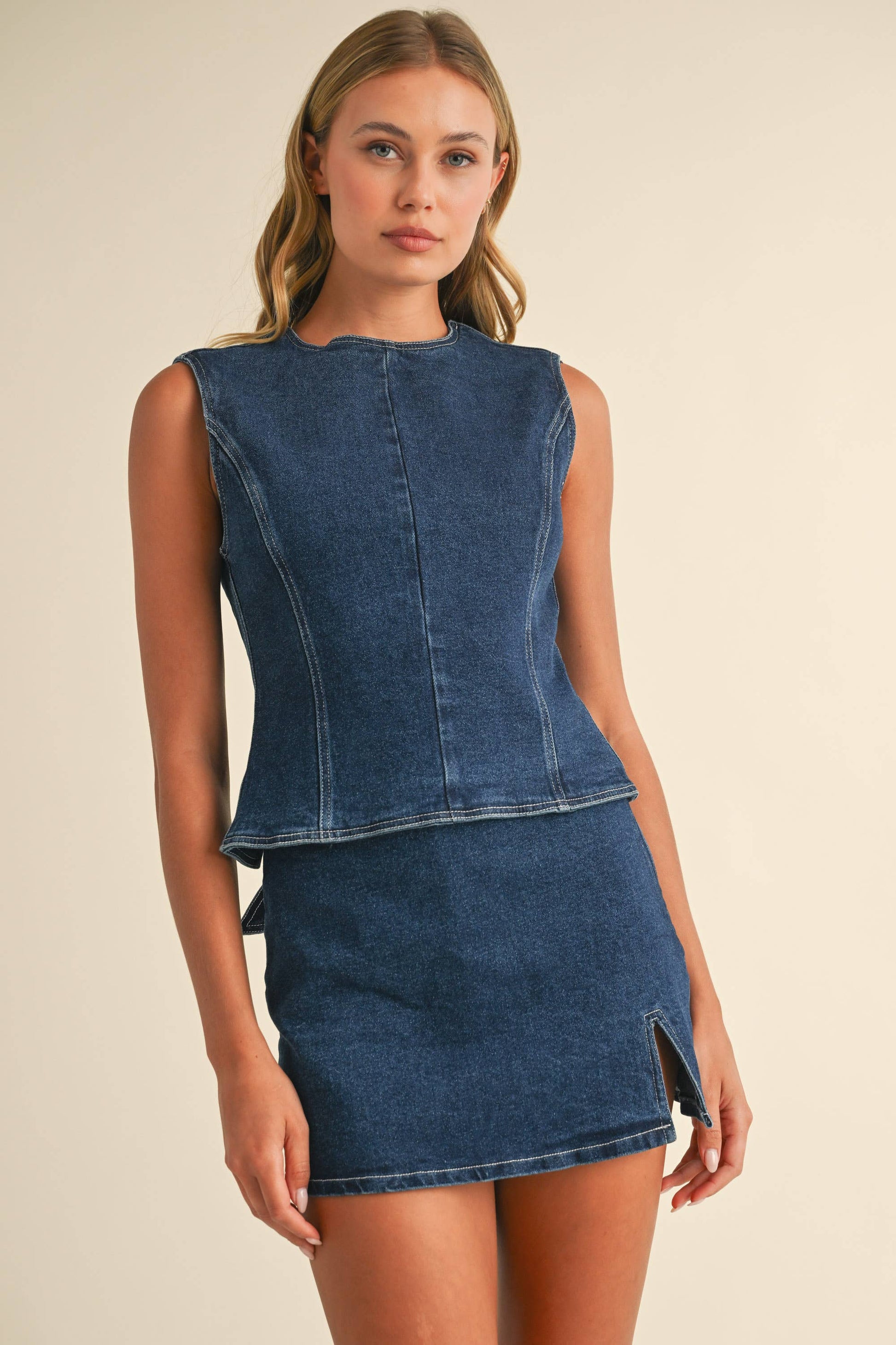 DENIM OPEN BACK TOP WITH BOW DETAIL AND MINI SKIRT