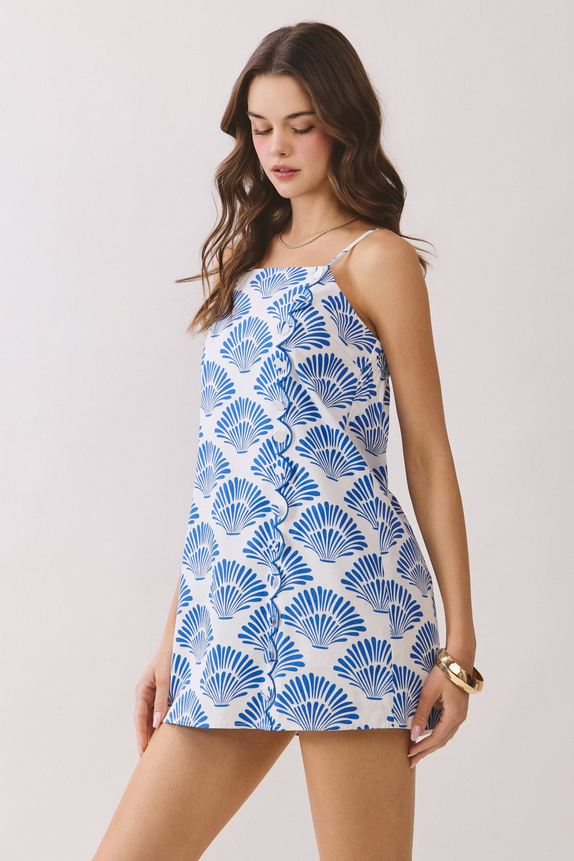 CD06816-Shell Print Front Scallop Trim Mini Dress