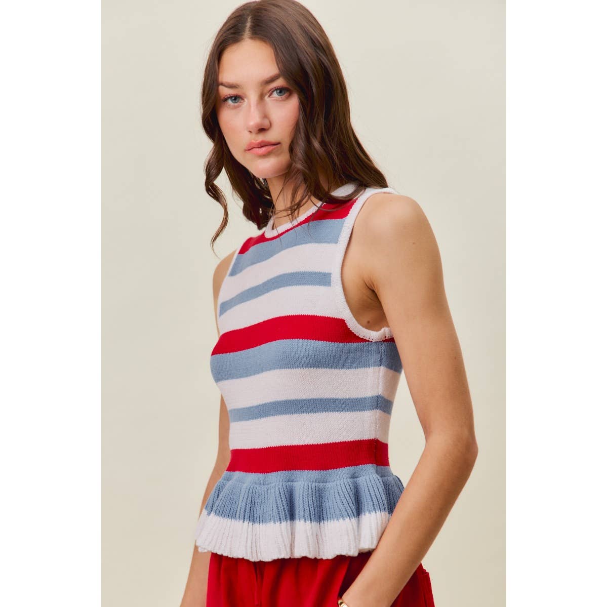 4TH OF JULY STRIPE RUFFLE BOTTOM SWEATER KNIT TOP