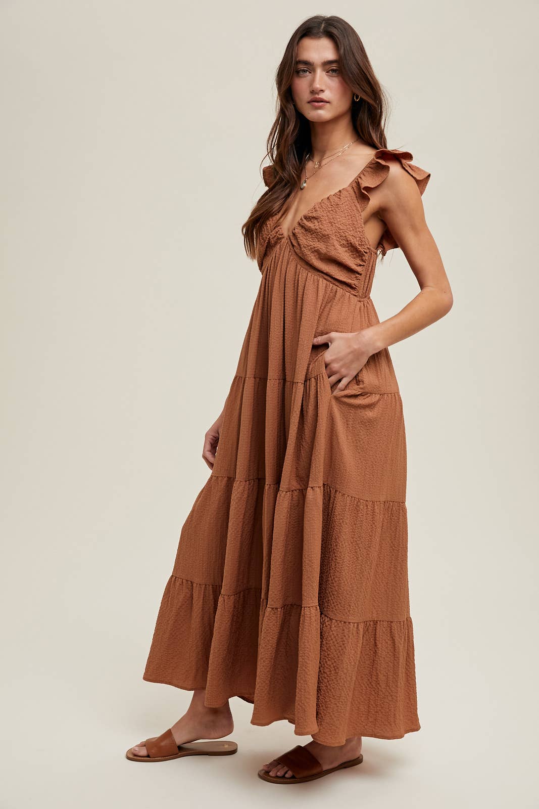 TEXTURED TIERED MIDI DRESS