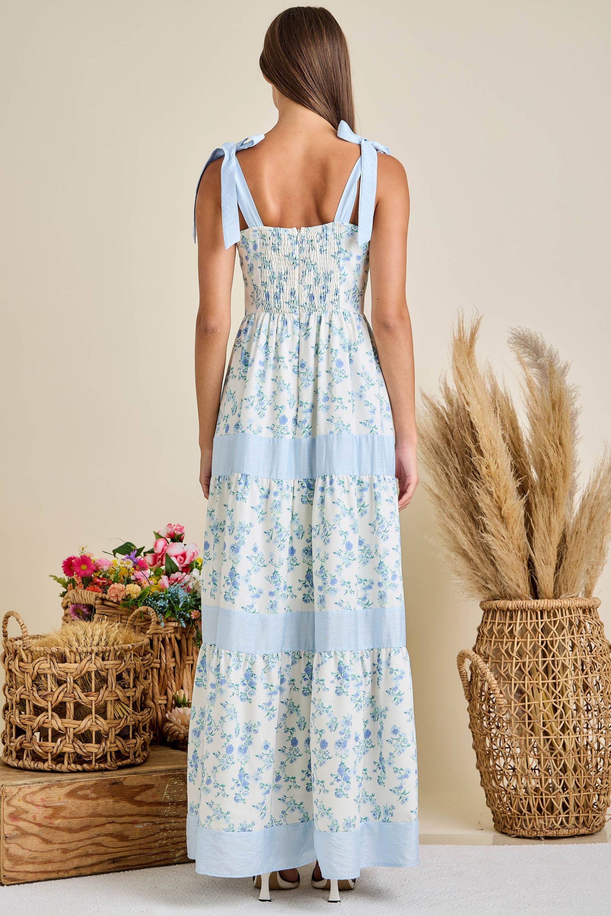 Floral Printed Maxi Shoulder Tie Dress