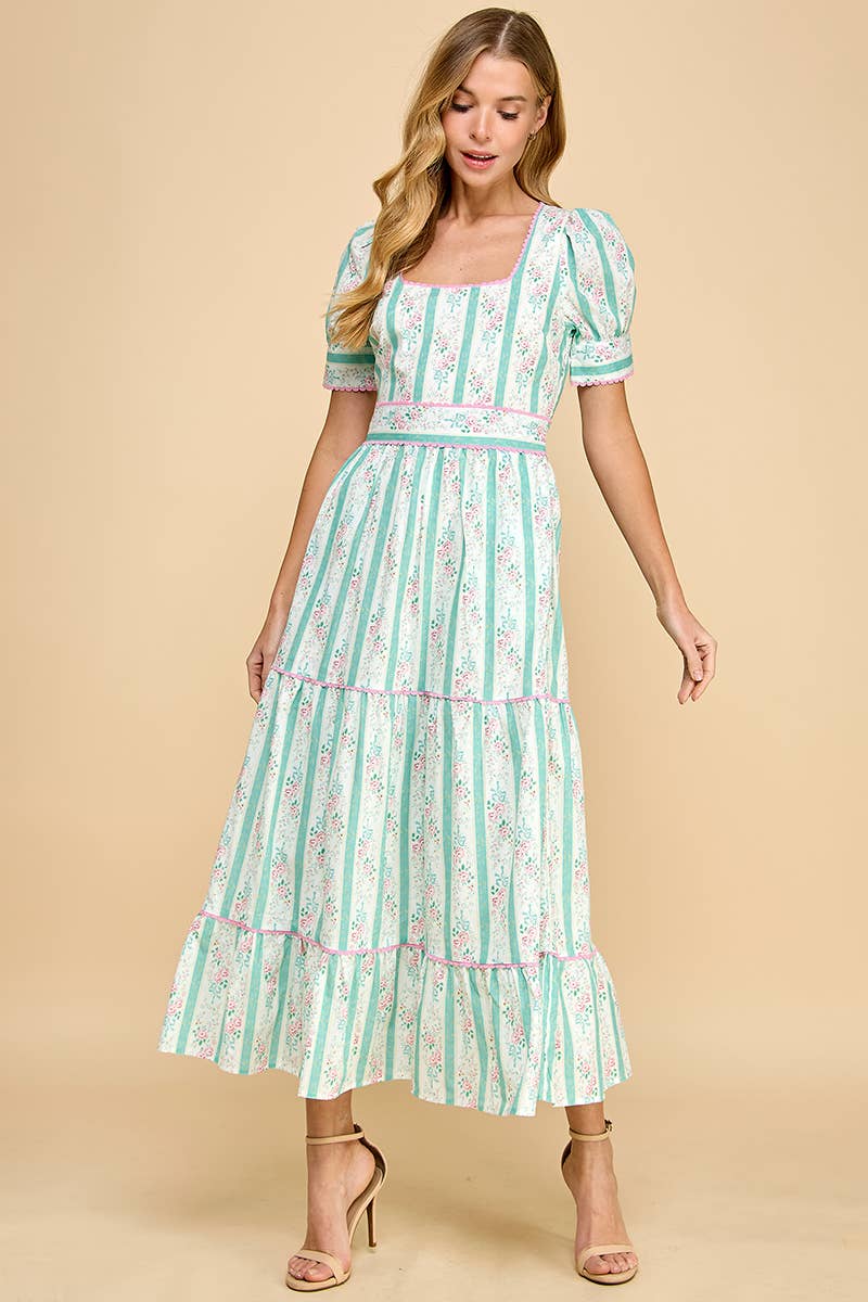 *Striped Floral Cinched Waist Midi Dress