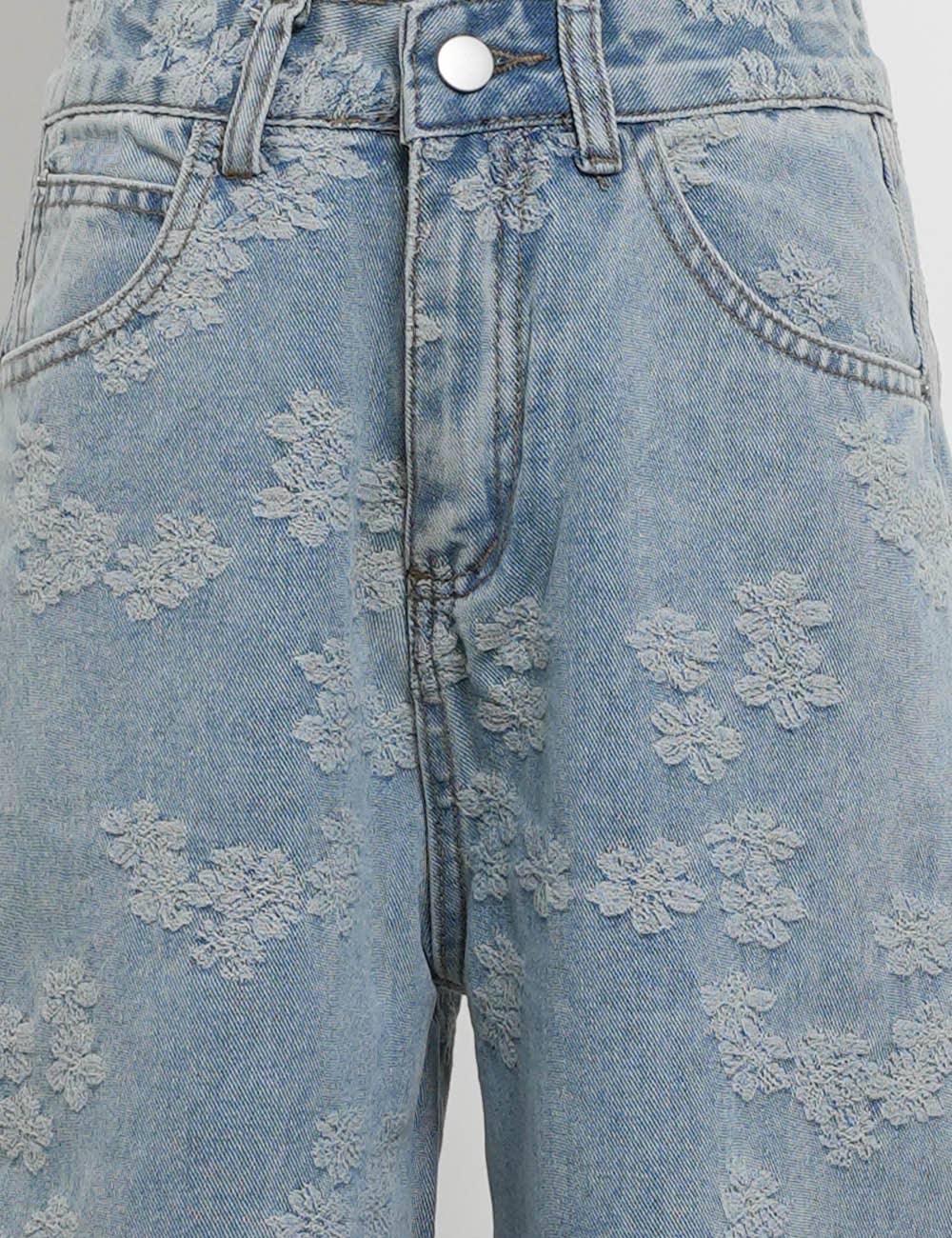 Ladies Floral Jacquard Button Pocket Wide Leg Denim Pants