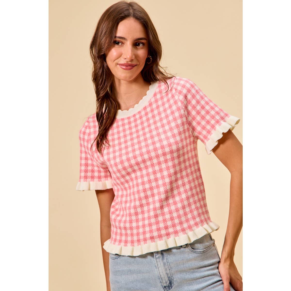 GINGHAM KNIT RUFFLED SHORT SLEEVES SWEATER TOP