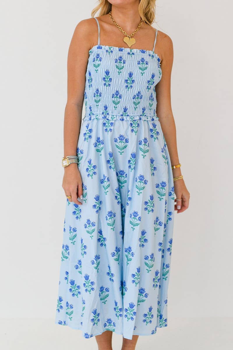 BOHEMIA MAGNOLIA FLORAL SPAGHETTI STRAPS FLARE DRESS