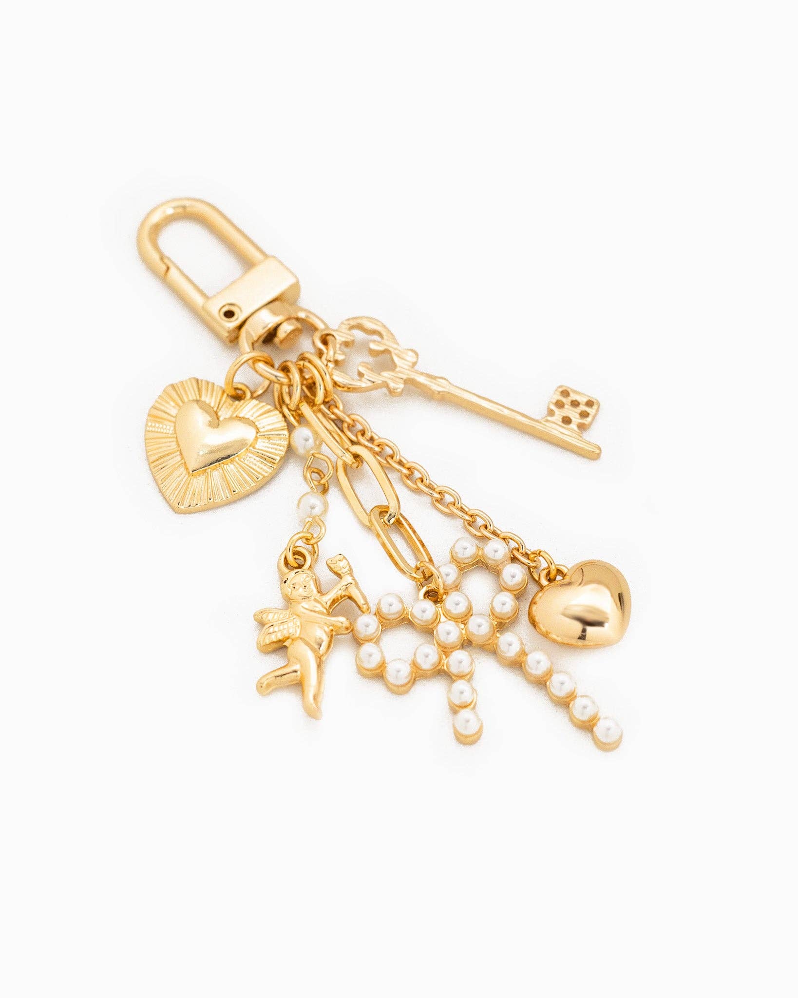 Multi Line Pearl Bow Baroque Bag Charm: Gold
