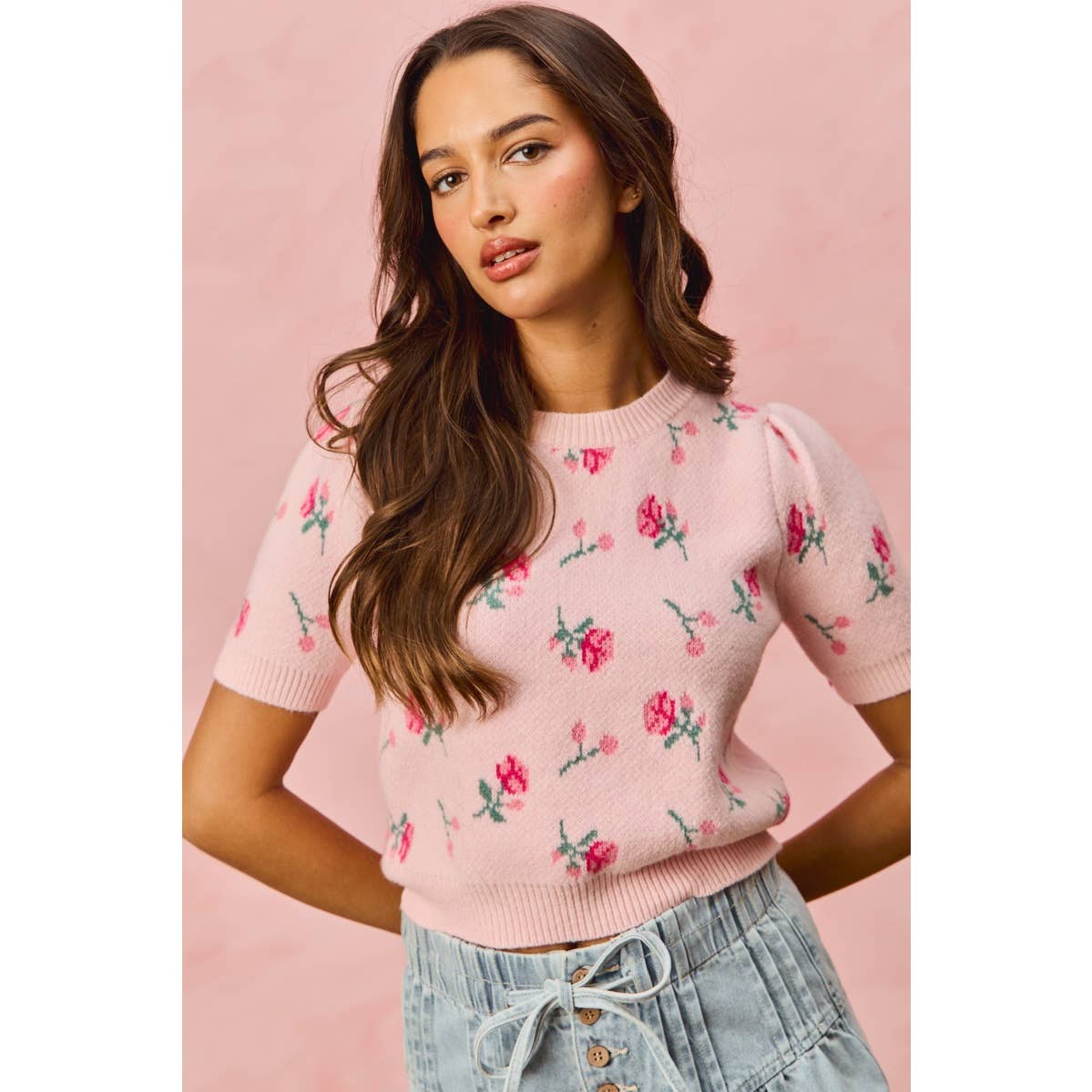 FLORAL PATTERN KNIT PUFF SLEEVES SWEATER TOP