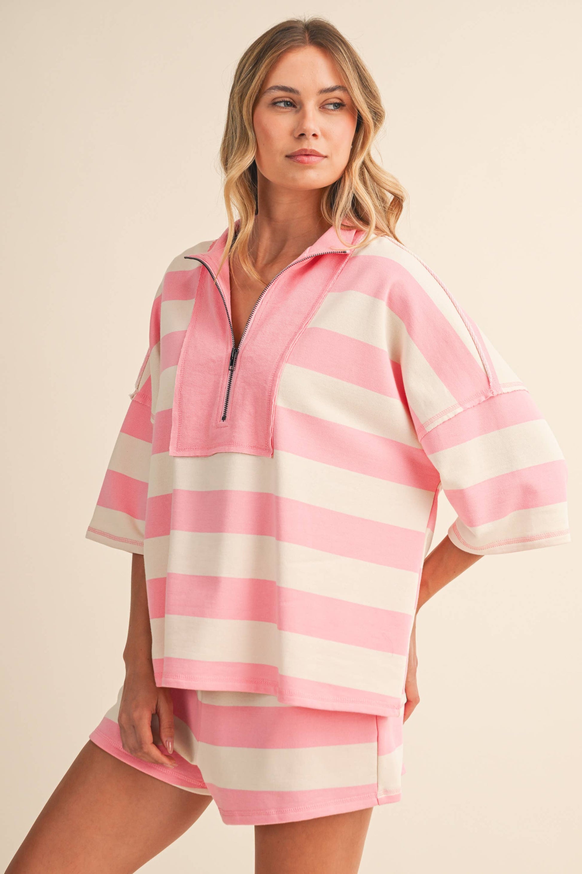 STRIPED HALF ZIP TOP AND SHORTS SET