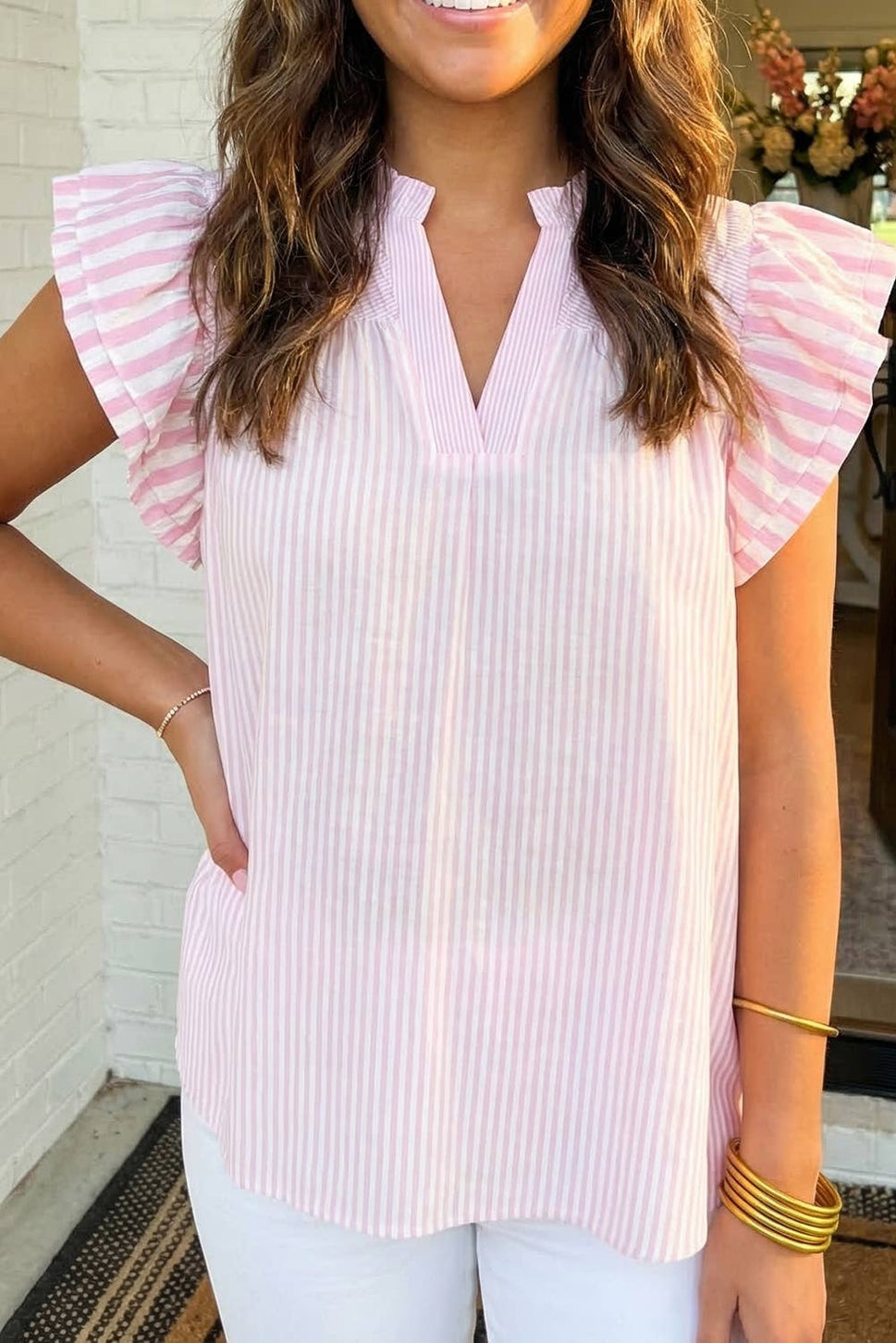 *LAS Stripe Contrast V Neck Flutter Sleeve Blouse