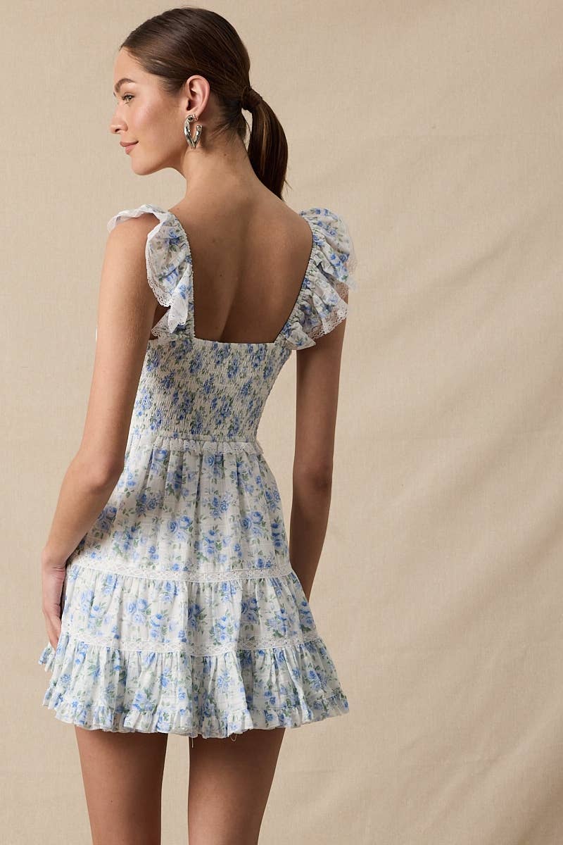 PALE PLAID FLORAL WING SLEEVE LACE MINI DRESS