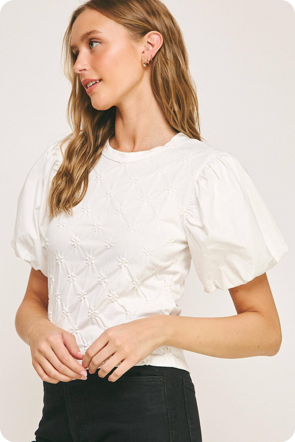 Flower Embossed Puff Sleeve Tee Top