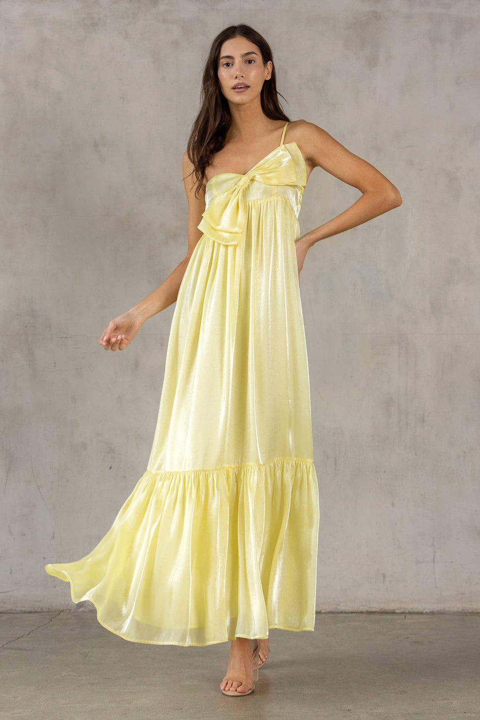 SATIN METALLIC SHEEN MAXI BOW DRESS