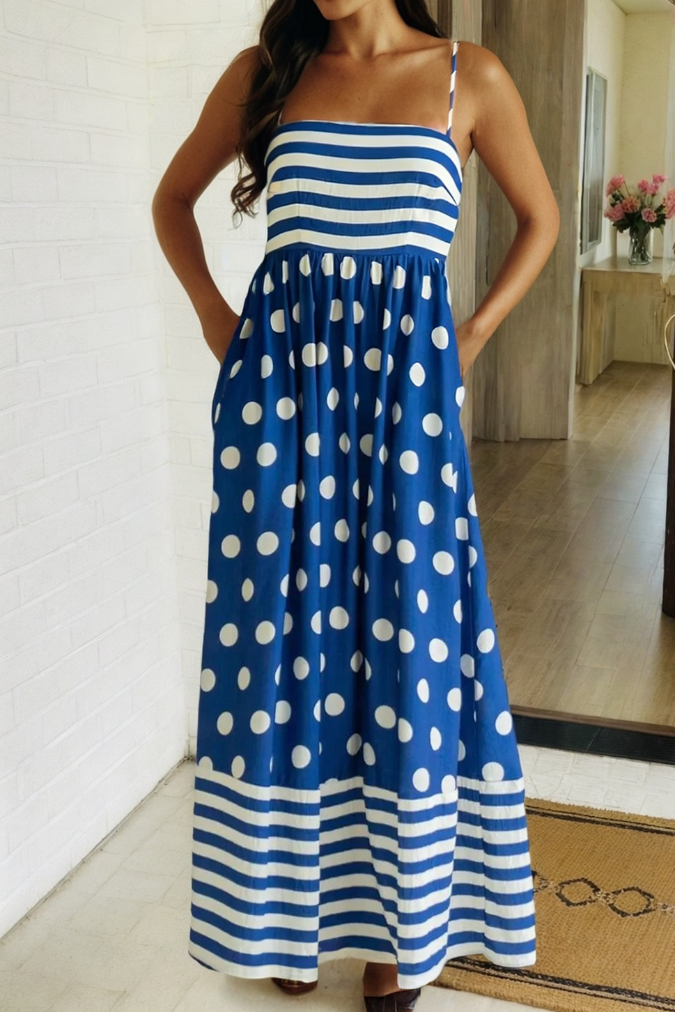 *LAS Striped Polka Dot Spaghetti Straps Maxi Dress