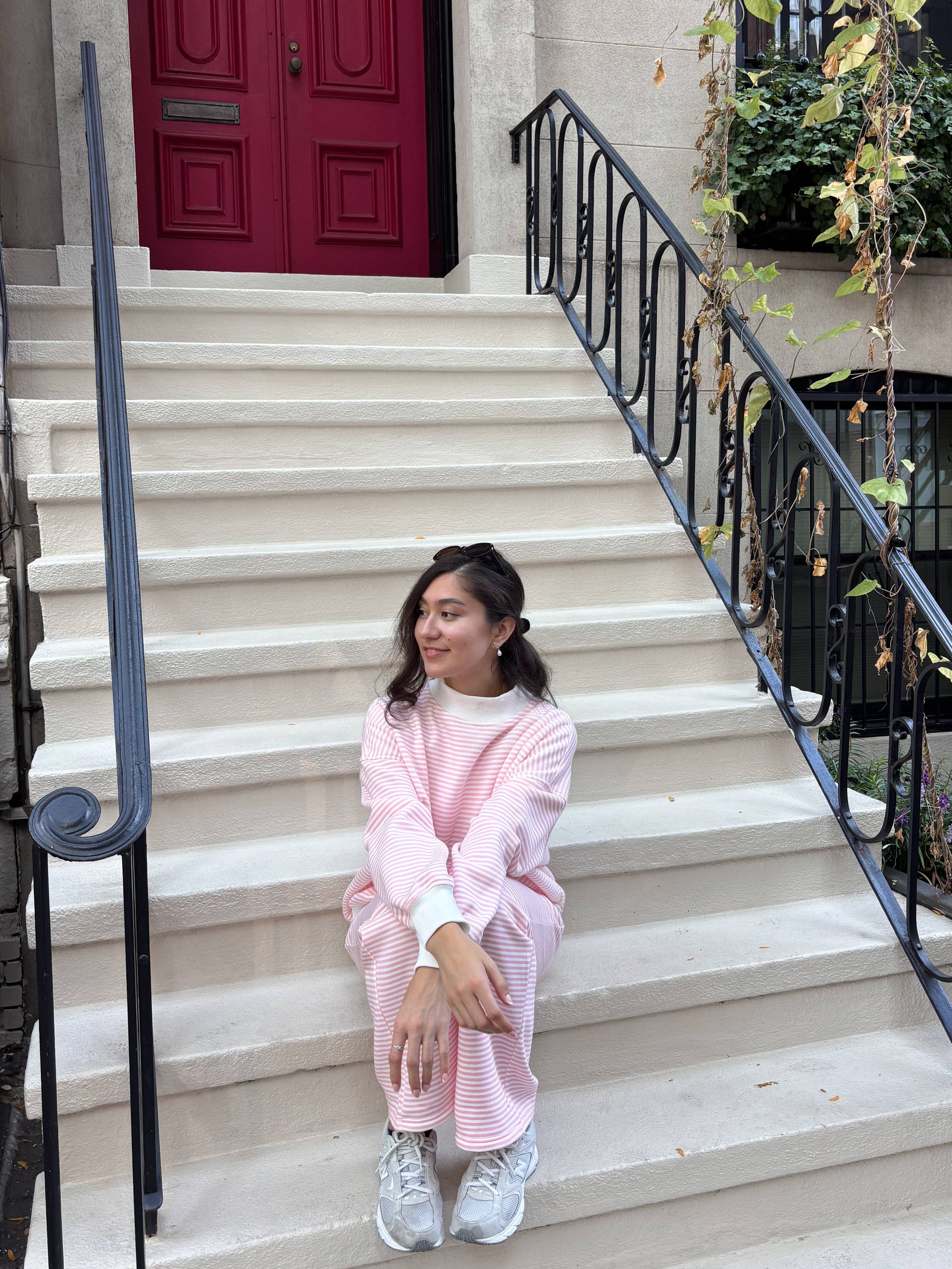 LIGHT PINK AND BIG STRIPED MOCKNECK SWEATSHIRT
