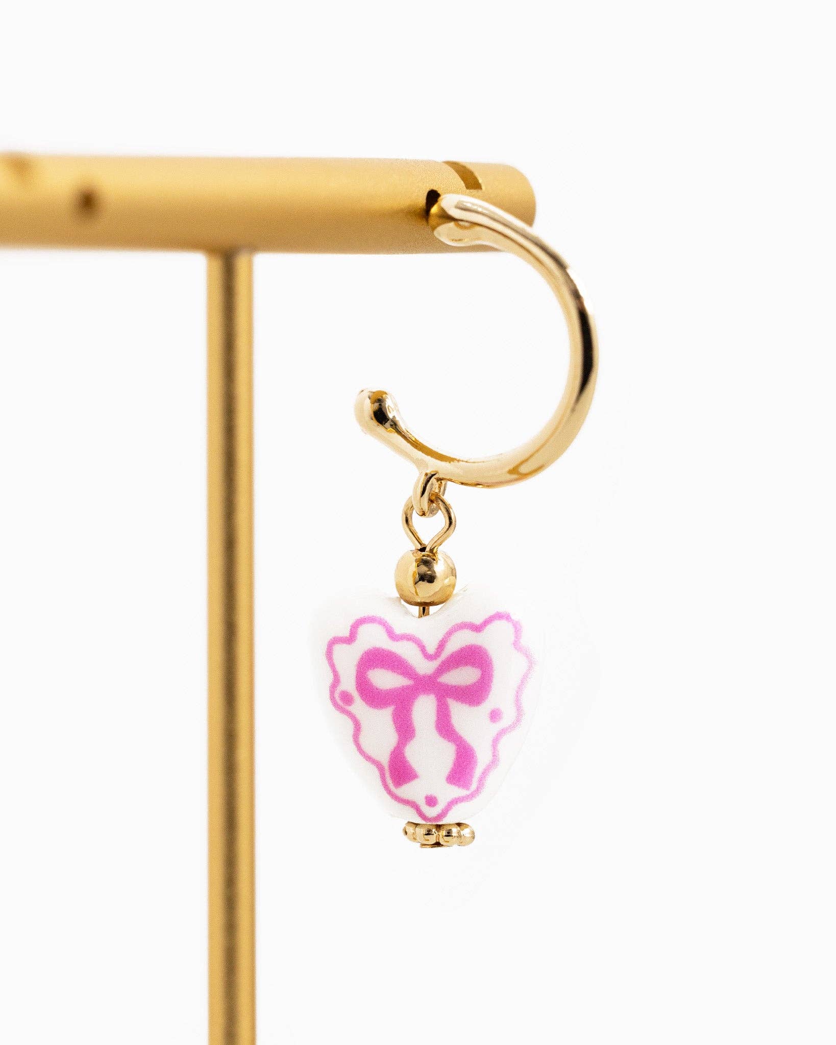 Ceramic Heart Bow Graphic Drop Hoop Earrings: Pink