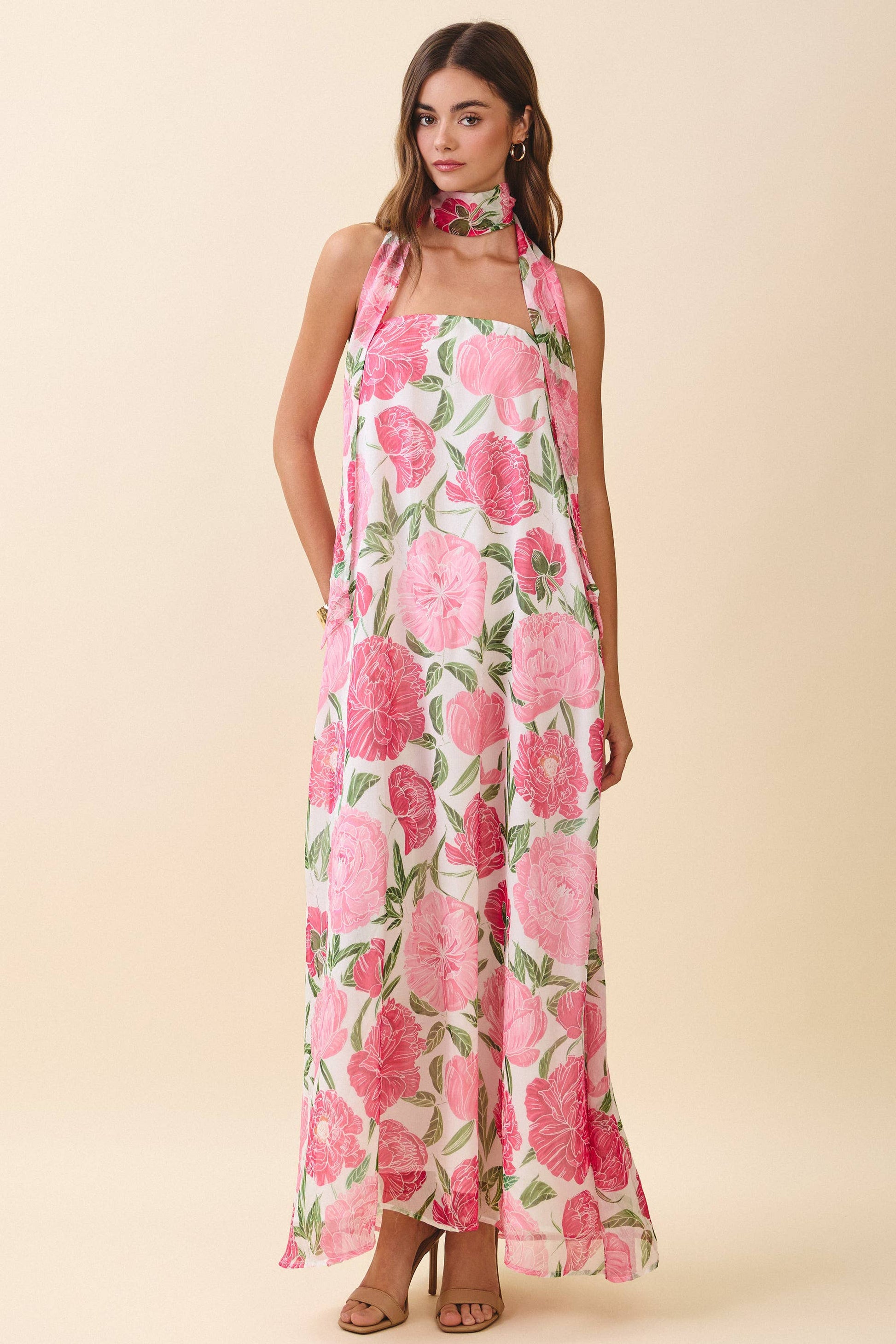 Strapless Floral Maxi Dress with Convertible Scarf