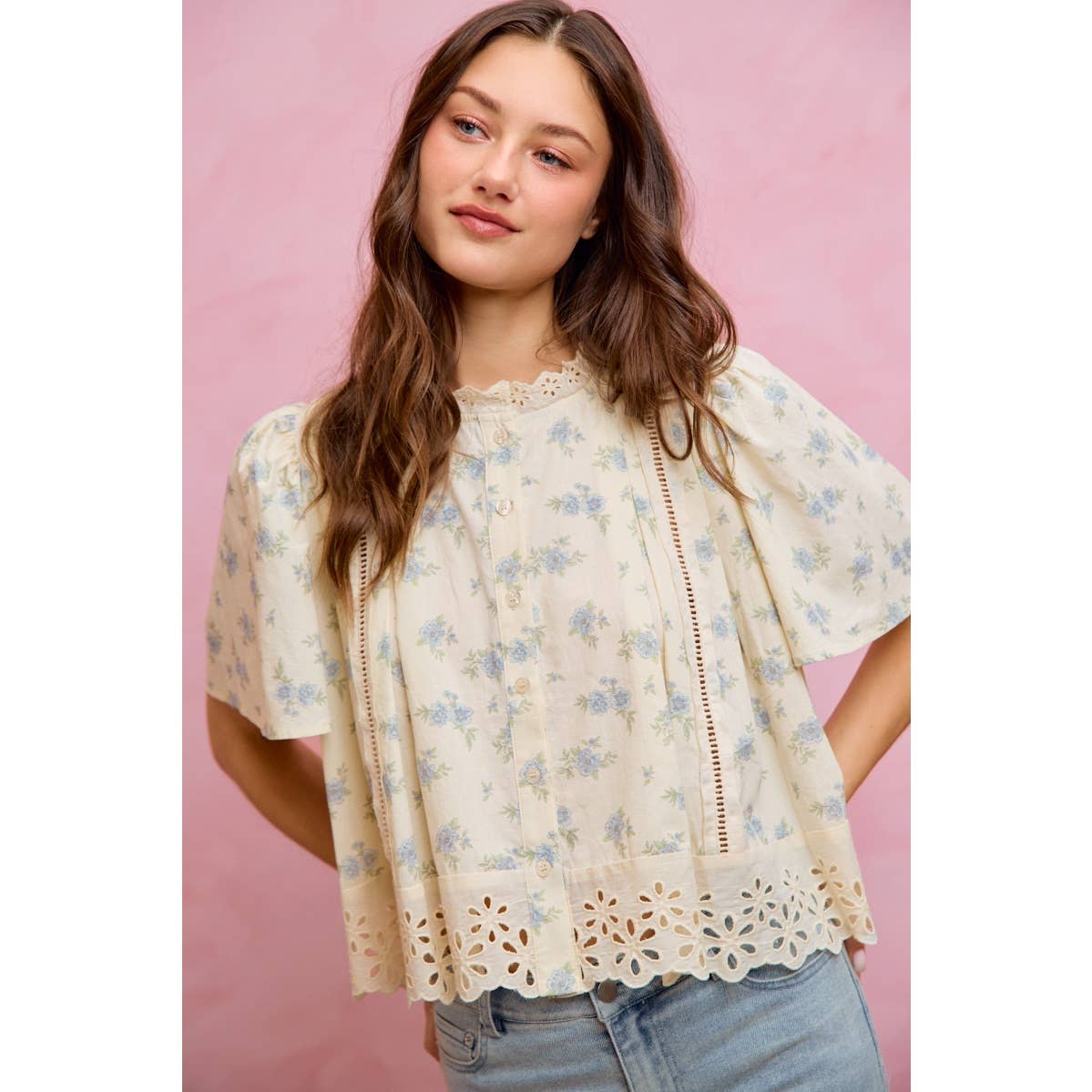 FLORAL PRINT LACE TRIM FLUTTER SLEEVES BLOUSE TOP