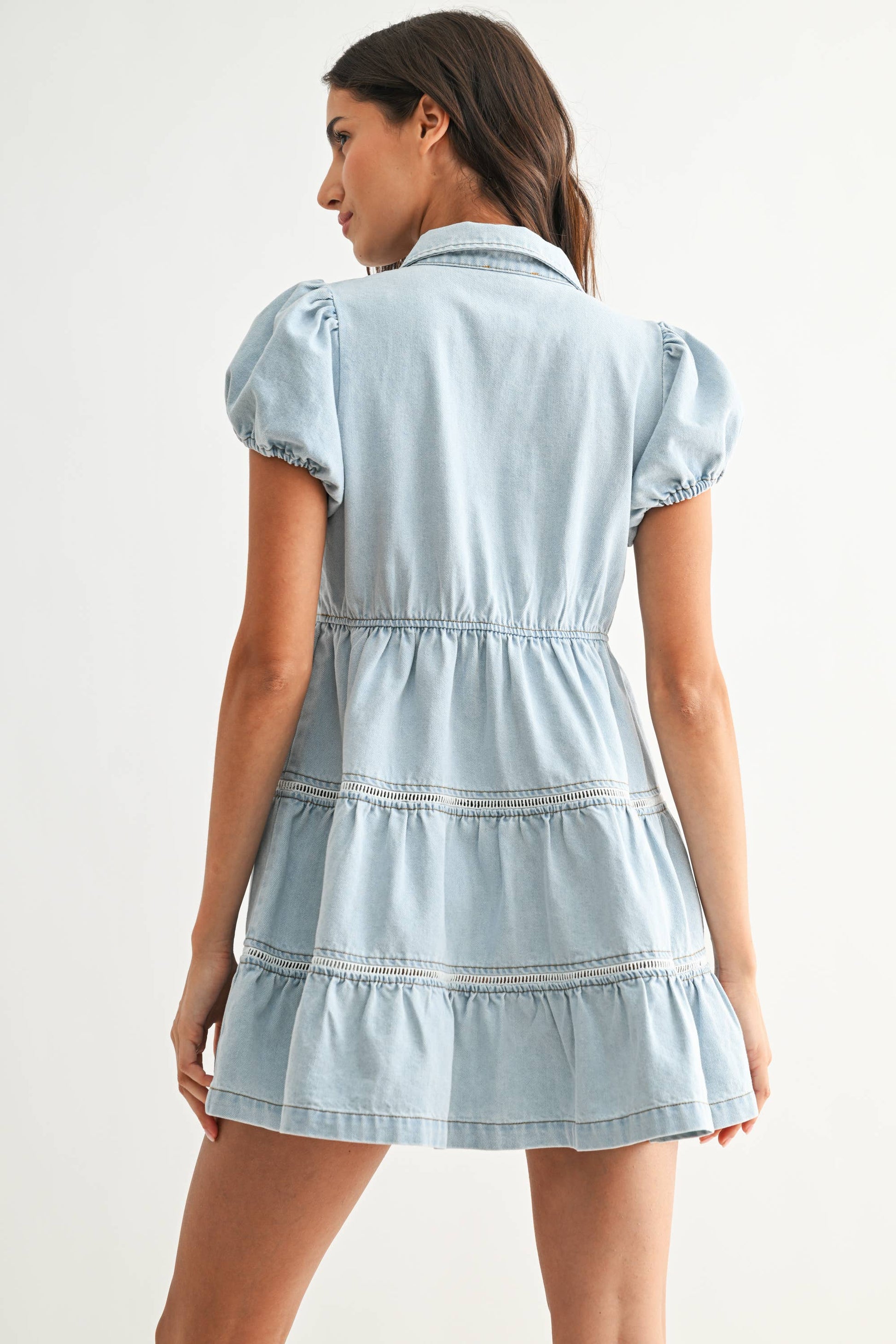 CED27024 Puff Sleeve Denim Mini Dress: LT.DENIM / S-M-L (3-2-1)