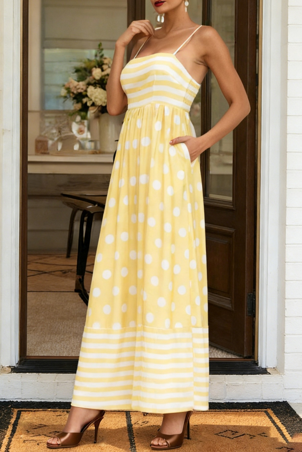 *LAS Striped Polka Dot Spaghetti Straps Maxi Dress