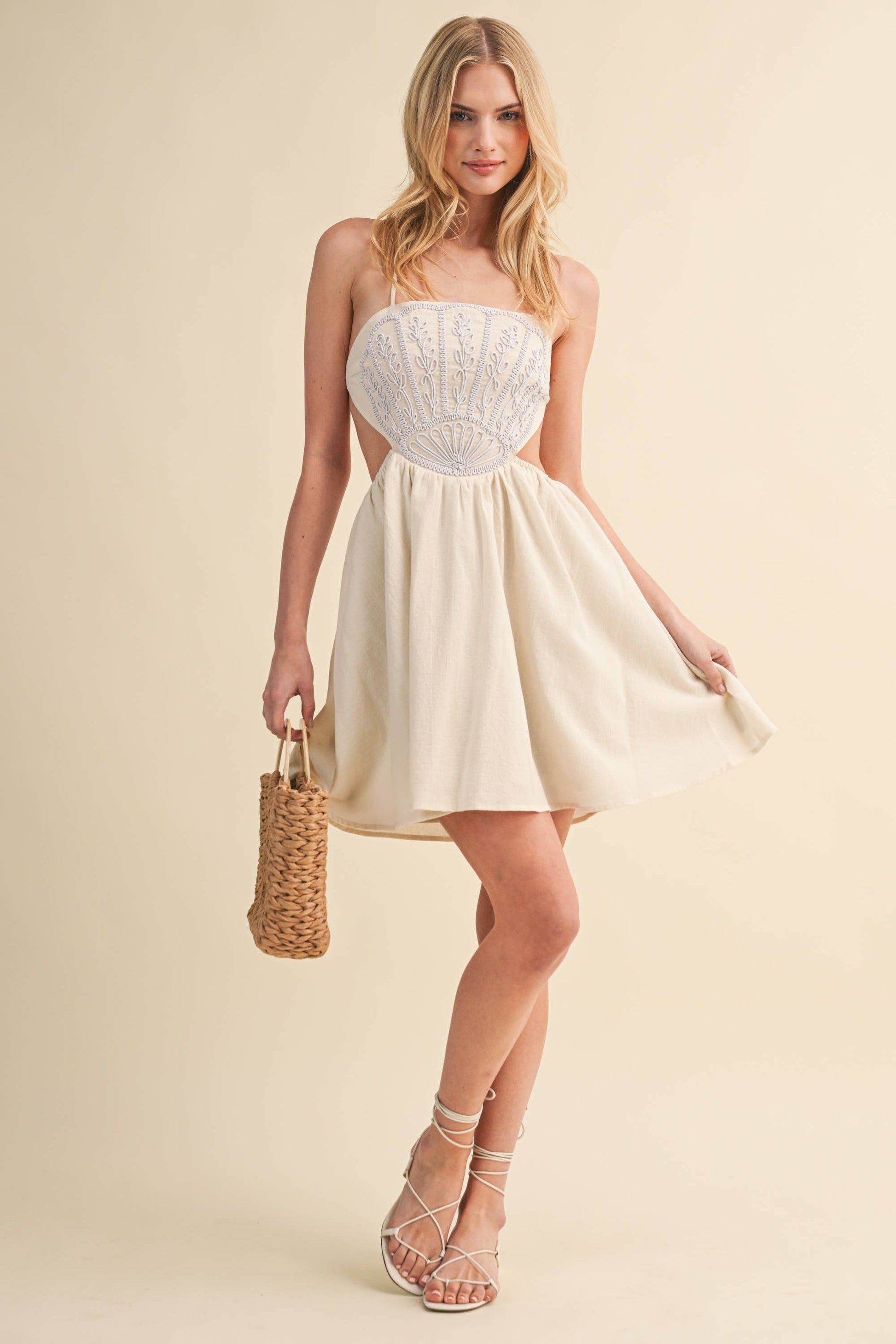 SCALLOP APLIQUE CRISS CROSS BACK FLARE MINI DRESS