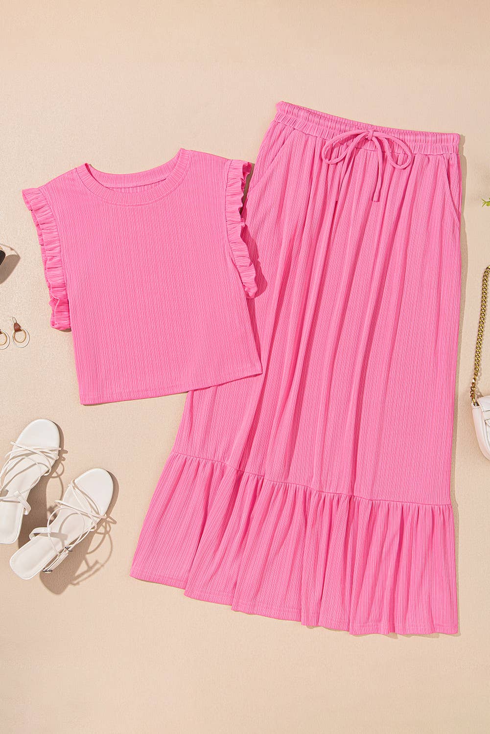 Textured Ruffle Trim Crop Vest Lace-up Long Skirt Set