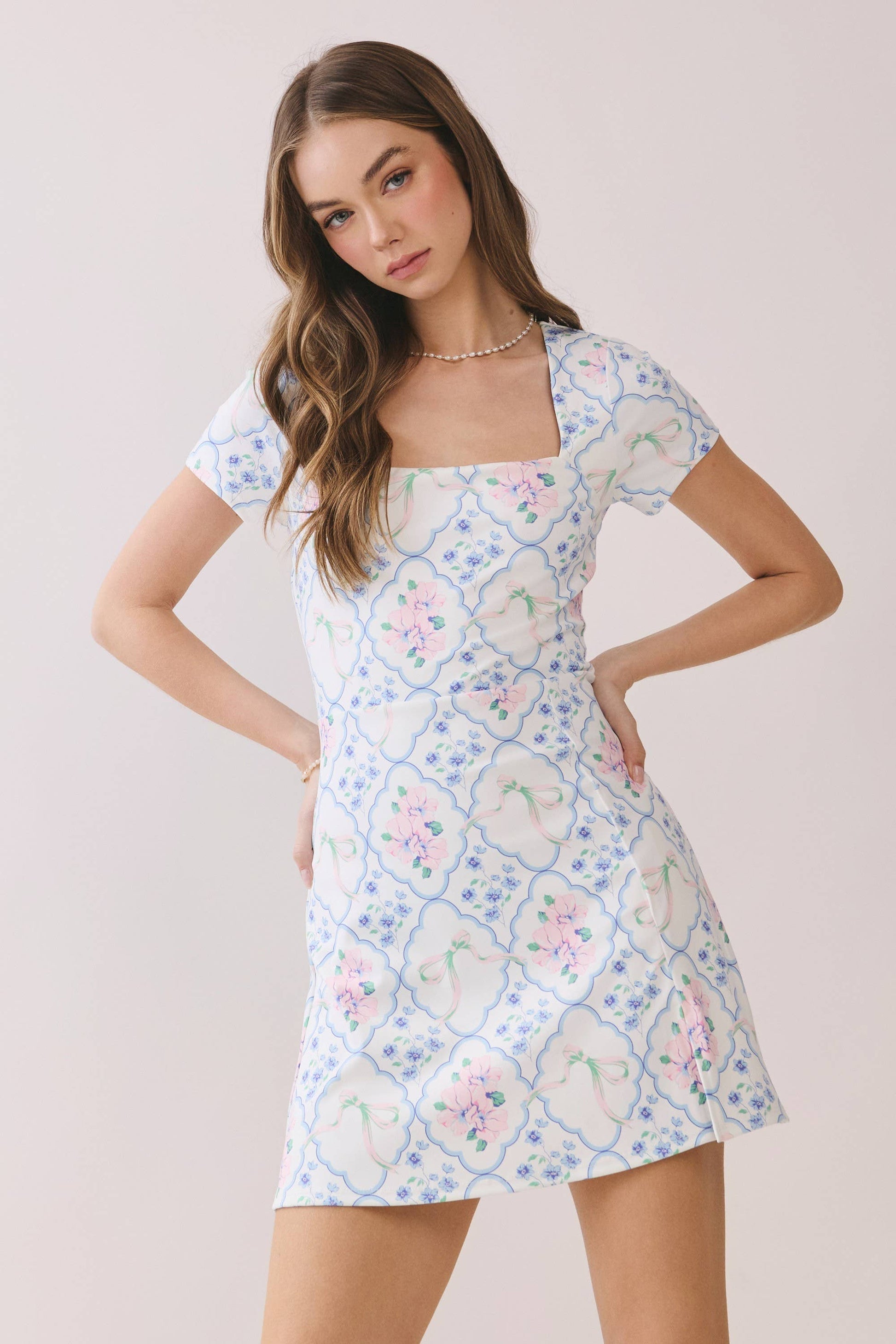 Vintage Floral Print Square Neck Mini Dress