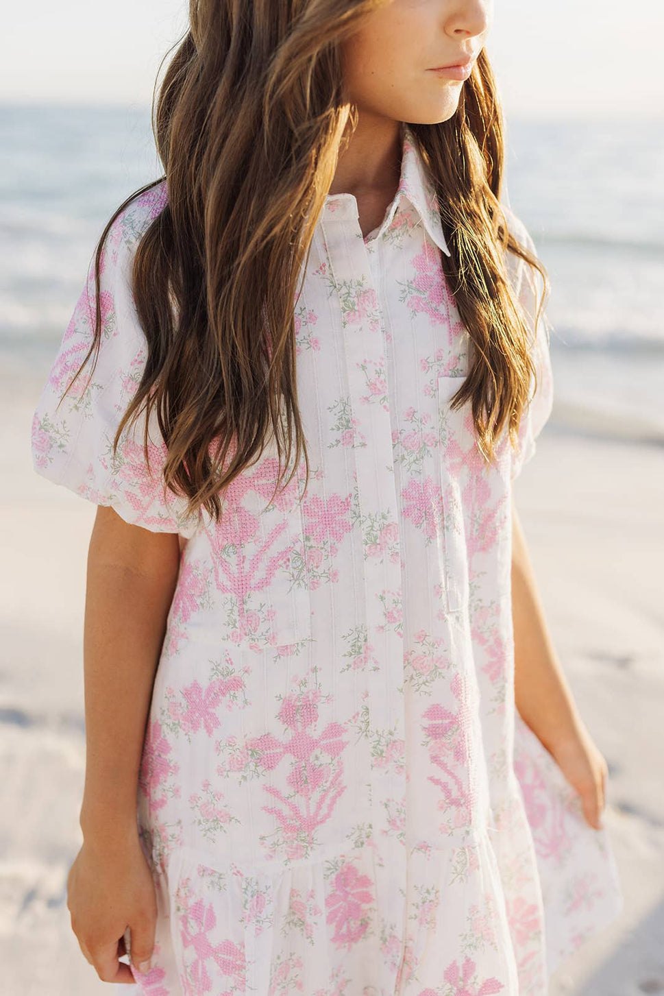 The Darcie Tween Dress - White & Pink Floral Embroidery