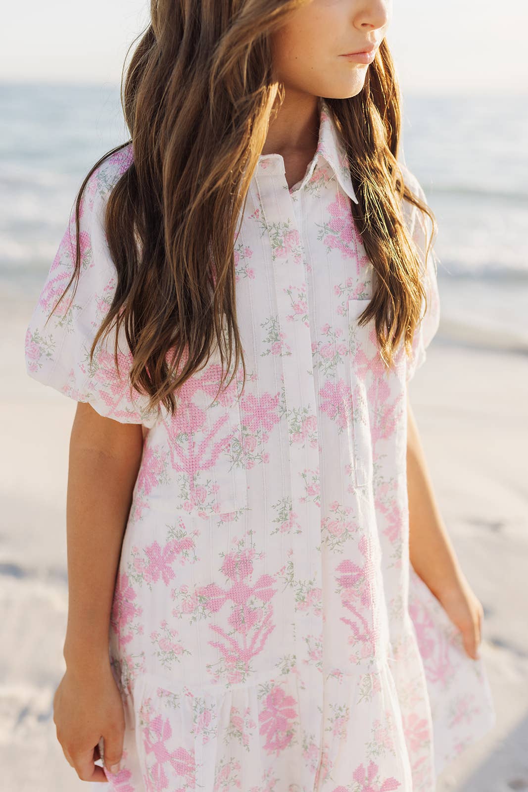 The Darcie Tween Dress - White & Pink Floral Embroidery