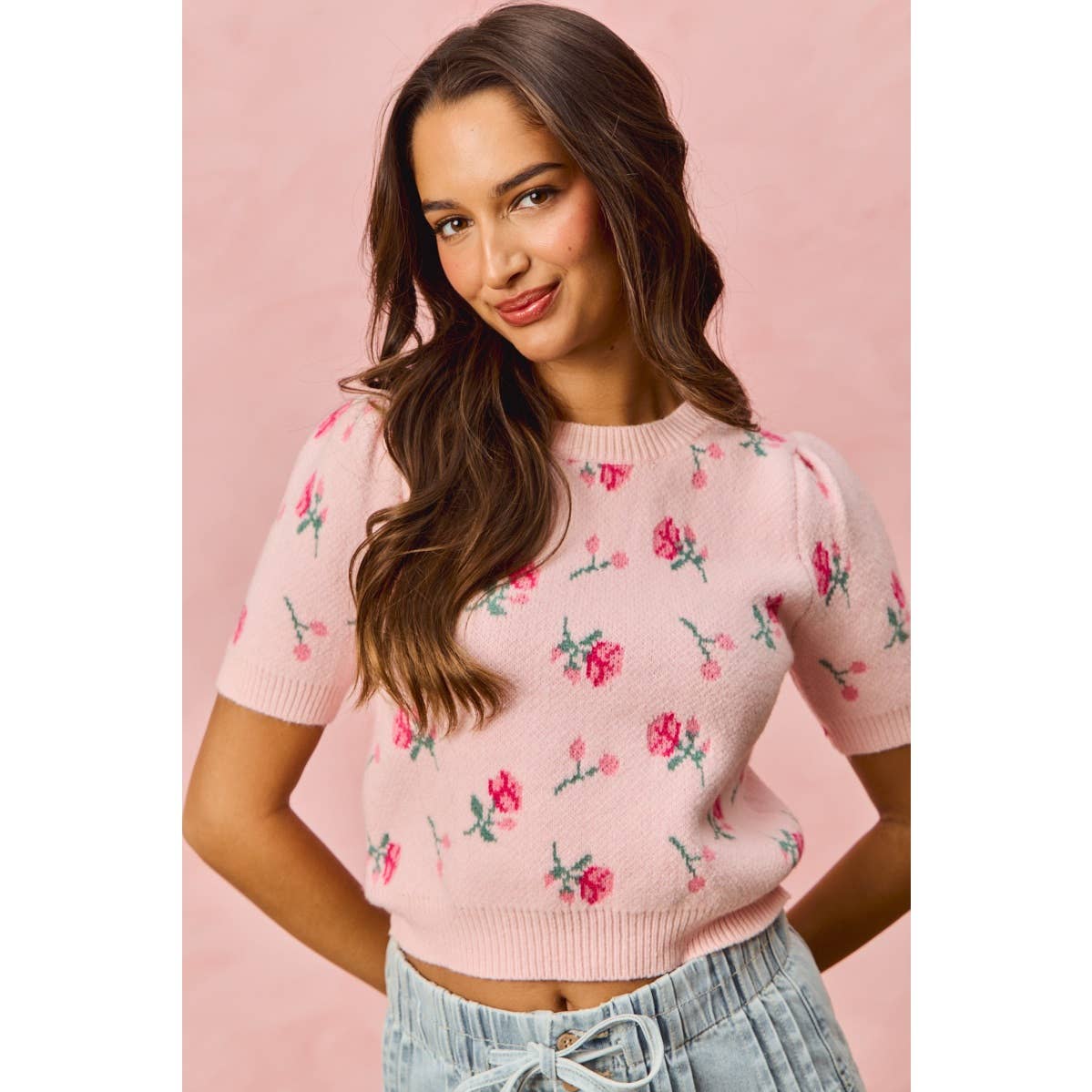 FLORAL PATTERN KNIT PUFF SLEEVES SWEATER TOP