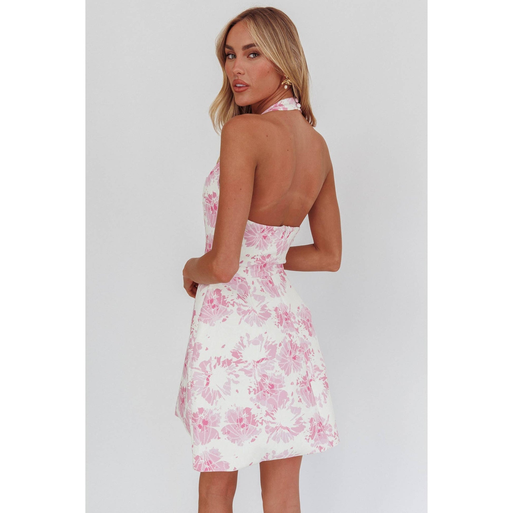 Halterneck Floral Mini Dress: Pink