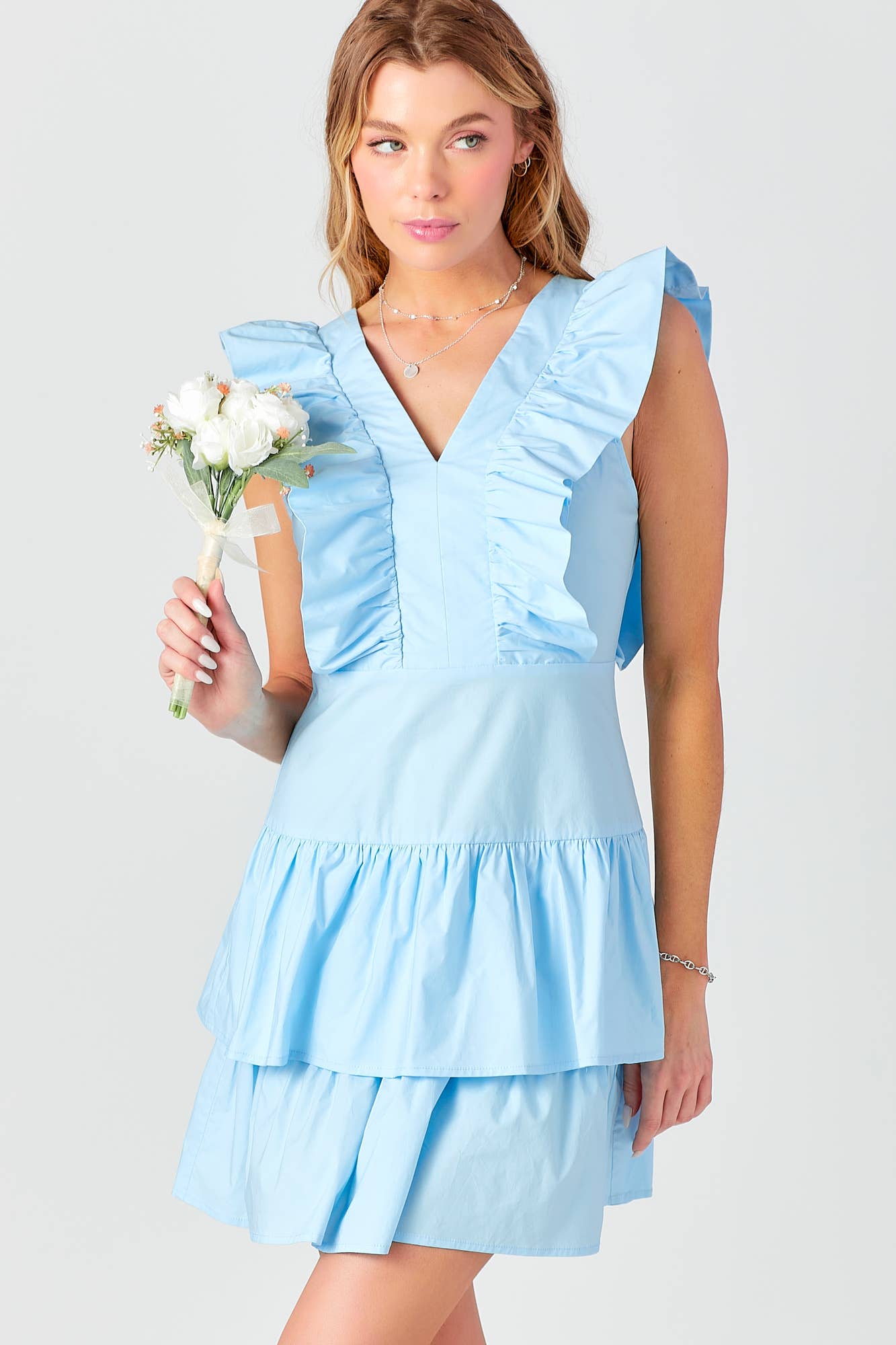 *Ruffled V Neck Dress: Sky Blue