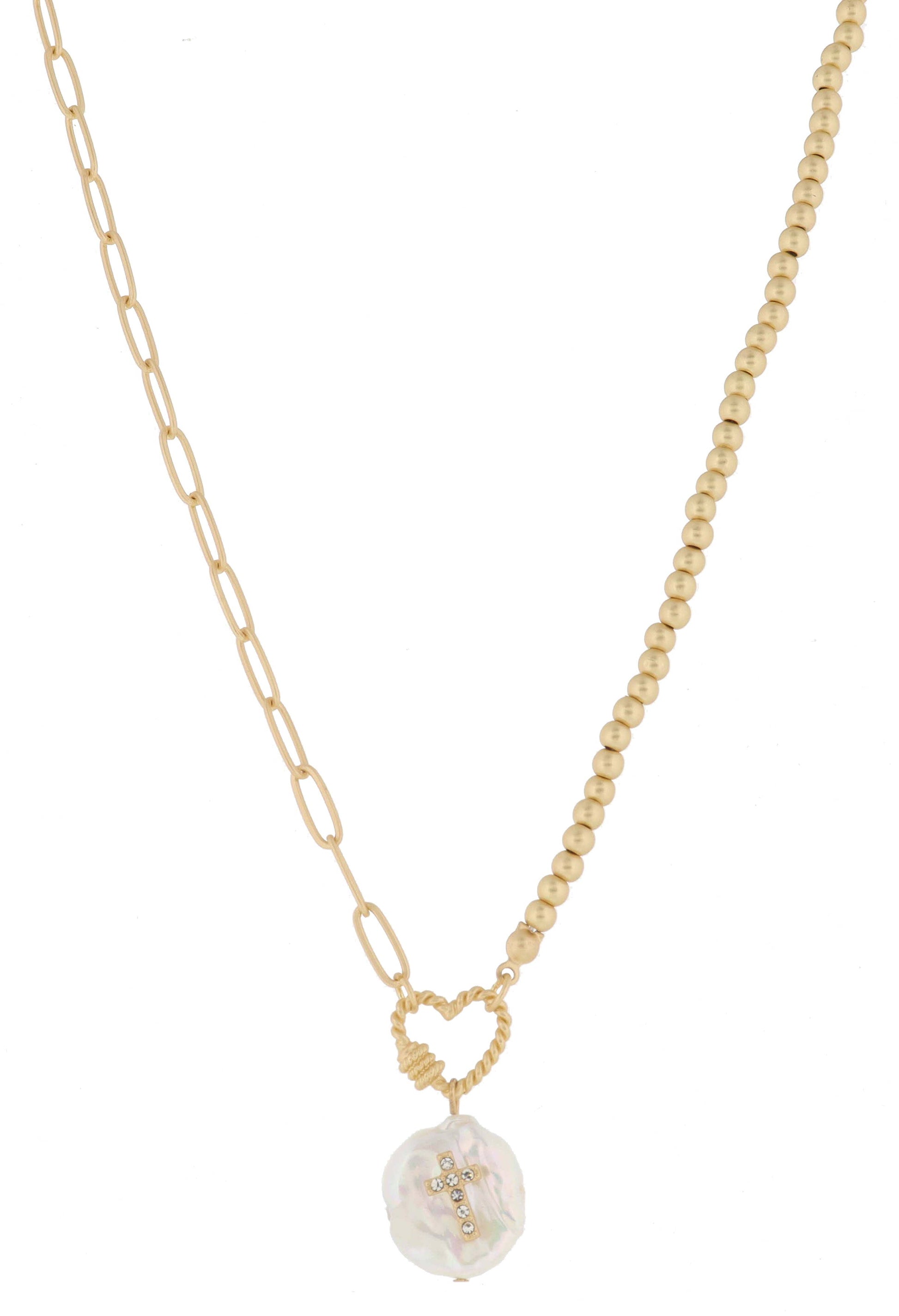 Heart Carabiner & Coin Pearl with Crystal Cross, Necklace