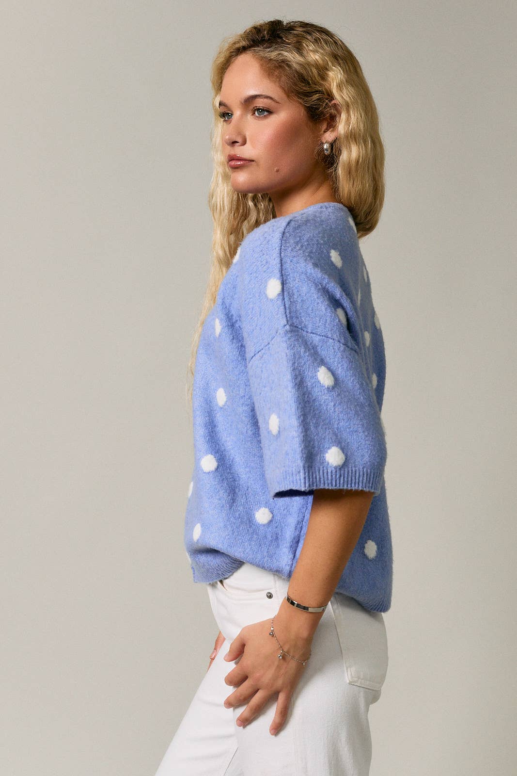 Polka Dot Short Sleeve Crew Neck Knit Cardigan