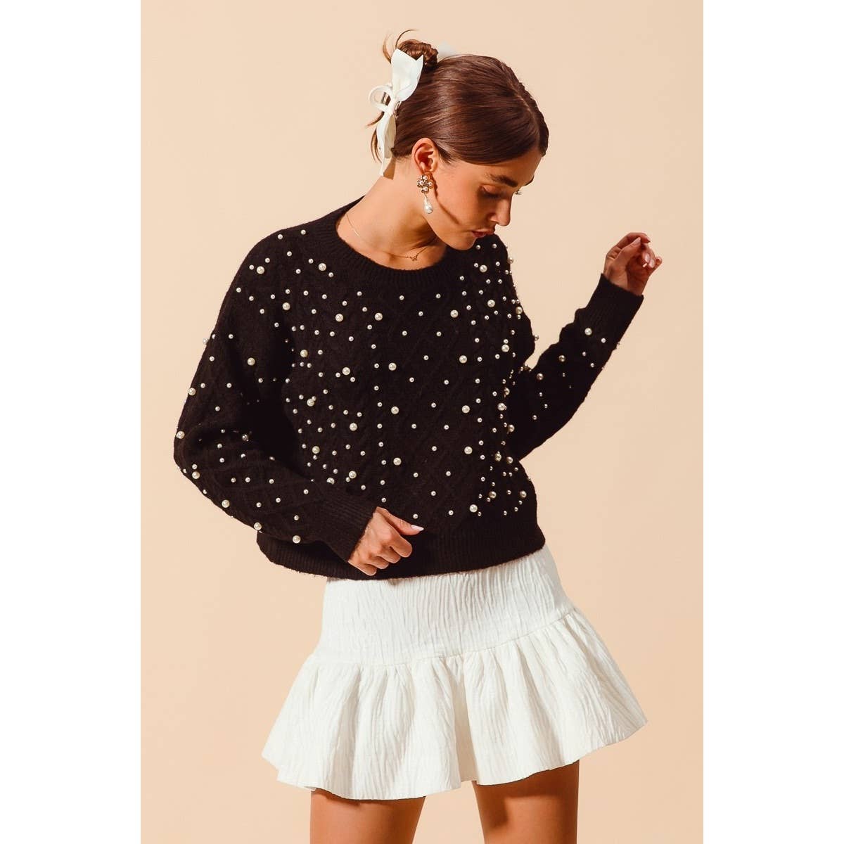 PEARL EMBELLISHED CABLE KNIT ROUND NECK SWEATER