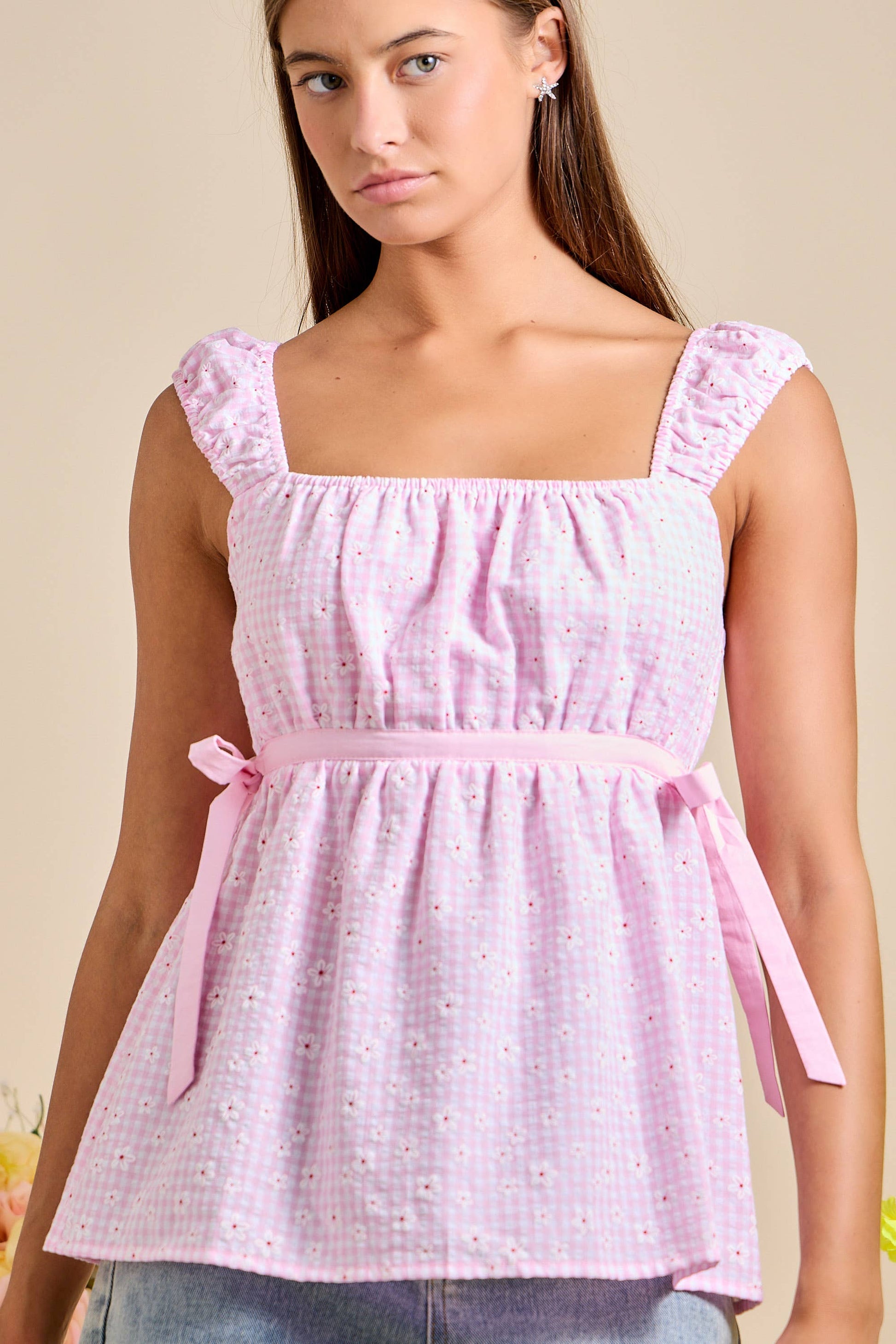 Smocked Ruffle Strap Peplum Top - Gingham Daisy